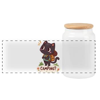 Cat camper on a hike - Panoramic Cookie Jar with Wooden Lid - white - Front