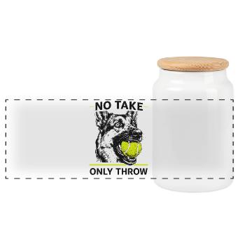 No Hold, Just Throw — Dog - Panoramic Cookie Jar with Wooden Lid - white - Front