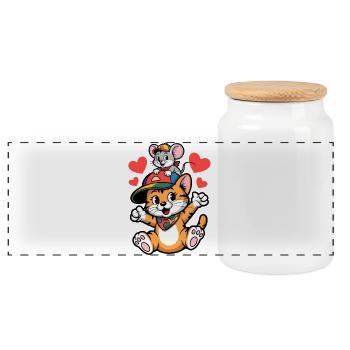 Cute cat and mouse as best friends - Panoramic Cookie Jar with Wooden Lid - white - Front
