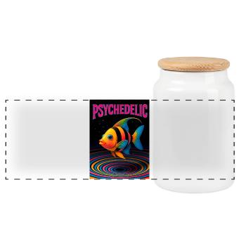 Psychedelic Fish in Spirals - Panoramic Cookie Jar with Wooden Lid - white - Front