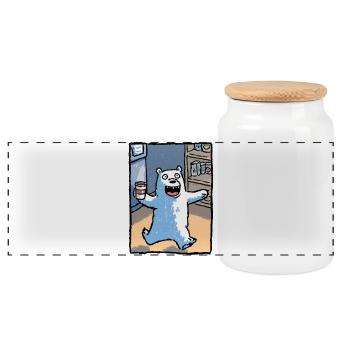 Coffee bear in the shop - Panoramic Cookie Jar with Wooden Lid - white - Front