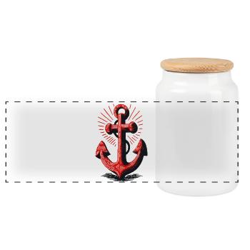 Red Anchor Sunbeam Pattern - Panoramic Cookie Jar with Wooden Lid - white - Front