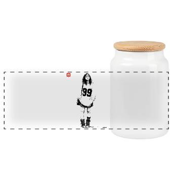 Red stamp on black - Panoramic Cookie Jar with Wooden Lid - white - Front