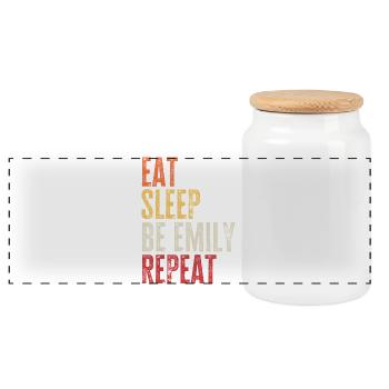 Eat Sleep Be Emily Repeat Retro Name - Panoramic Cookie Jar with Wooden Lid - white - Front