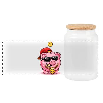 Cool piggy bank with dollar chain - Panoramic Cookie Jar with Wooden Lid - white - Front