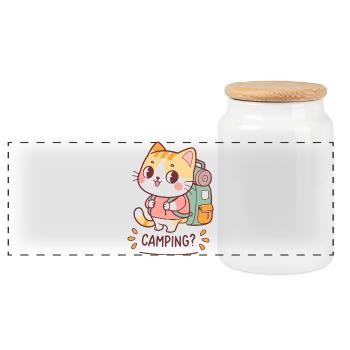 Kawaii Camper-Katze und Rucksack - Panorama Keksdose mit Holzdeckel - Weiß - Vorne