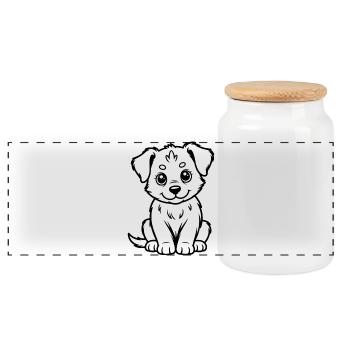 Cuddly Dog Line Drawing - Panoramic Cookie Jar with Wooden Lid - white - Front