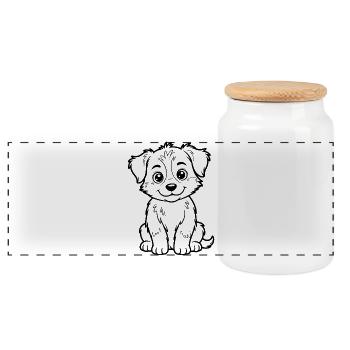 Cuddly Dog Line Drawing - Panoramic Cookie Jar with Wooden Lid - white - Front