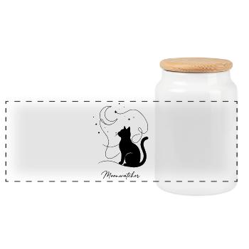 Moonwatcher Cat Silhouette Night - Panoramic Cookie Jar with Wooden Lid - white - Front