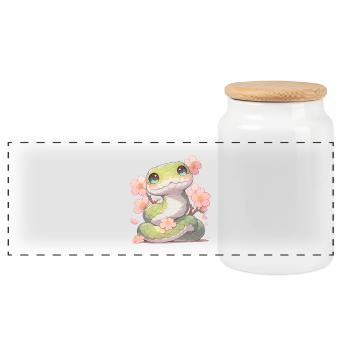 Kawaii Snake Sakura - Year of the Snake Chibi - Panoramic Cookie Jar with Wooden Lid - white - Front