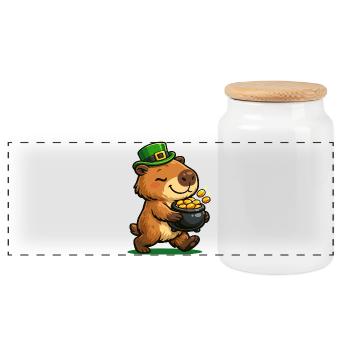 Sweet Lucky Capybara Gold Pot St. Patrick's Day - Panoramic Cookie Jar with Wooden Lid - white - Front