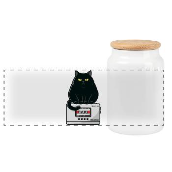 Walkman Loaf Cat Music K7 - Panoramic Cookie Jar with Wooden Lid - white - Front