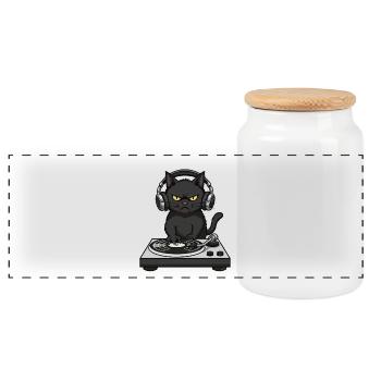 Turntable Cat Cat DJ Vinyl - Panoramic Cookie Jar with Wooden Lid - white - Front