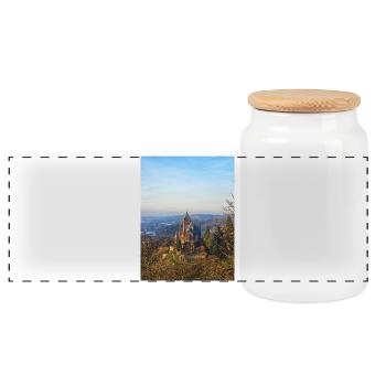 Drachenburg Castle on the slope in the evening light - Panoramic Cookie Jar with Wooden Lid - white - Front
