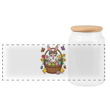 Easter bunny in a flower basket – Happy Easter - Panoramic Cookie Jar with Wooden Lid - white - Front