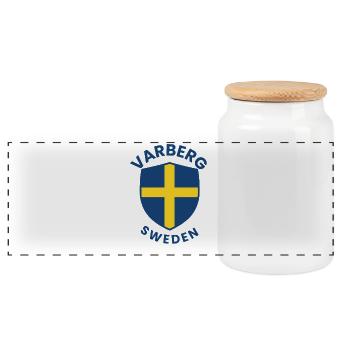 Varberg Sköld mit schwedischer Flagge - Panorama Keksdose mit Holzdeckel - Weiß - Vorne
