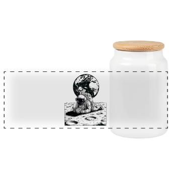 Astronaut Reading Moon Earth - Panoramic Cookie Jar with Wooden Lid - white - Front