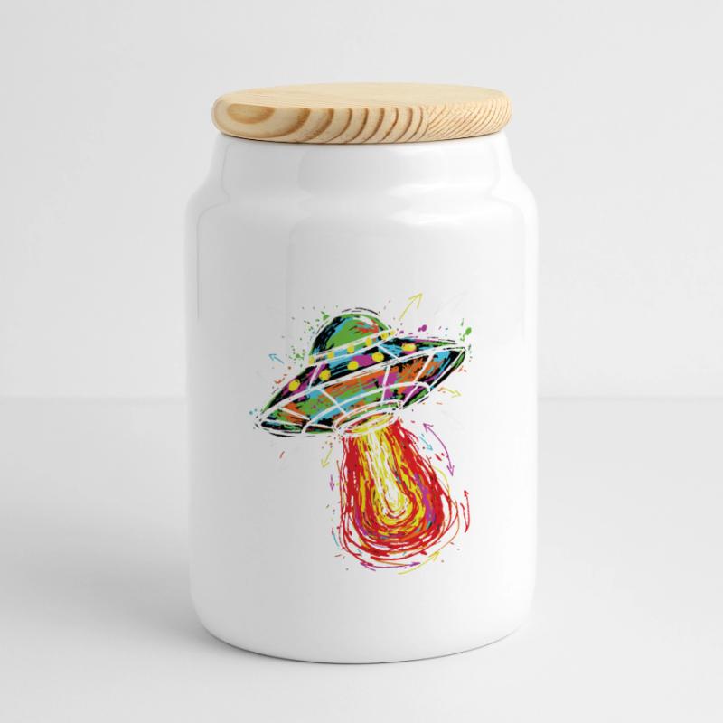 UFO Space Scribble Scribble Color Panoramic Cookie Jar with Wooden Lid