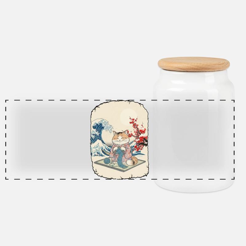 Katze Häkelt Kawai Anime - Panorama Keksdose mit Holzdeckel - Weiß