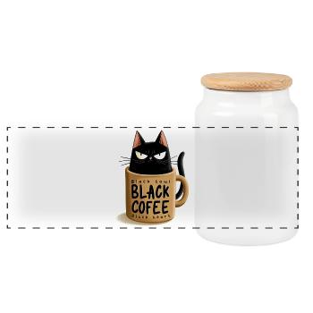 Schwarze Katze im Kaffeebecher - Panorama Keksdose mit Holzdeckel - Weiß - Vorne