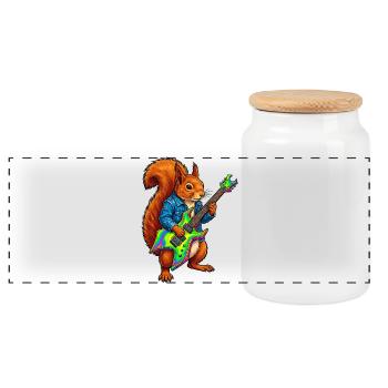 Squirrel with jacket and electric guitar - Panoramic Cookie Jar with Wooden Lid - white - Front