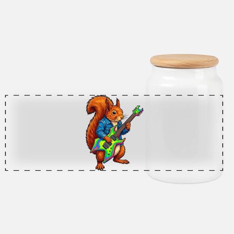 Eichhörnchen mit Jacke und E-Gitarre - Panorama Keksdose mit Holzdeckel - Weiß