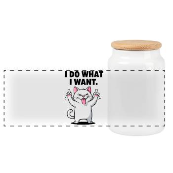 Bold Cat I Do What I Want - Panoramic Cookie Jar with Wooden Lid - white - Front