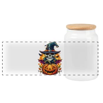 Skeleton with pumpkin - Panoramic Cookie Jar with Wooden Lid - white - Front