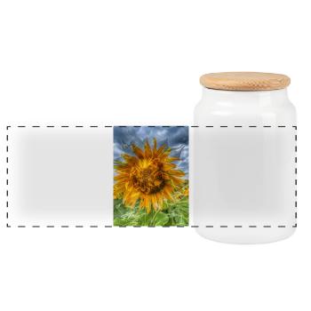Sonnige Sonnenblume am dunklen Himmel - Panorama Keksdose mit Holzdeckel - Weiß - Vorne
