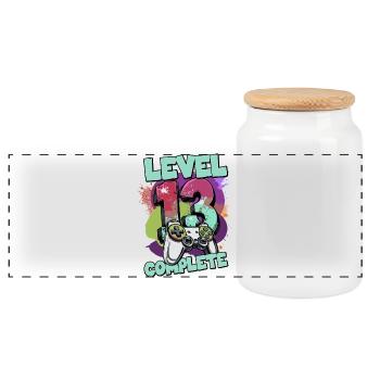 Level 13 Complete Gaming Splash years old - Panoramic Cookie Jar with Wooden Lid - white - Front