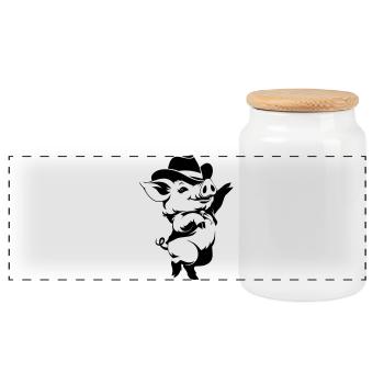 Funny Pig with Hat Cartoon Motif - Panoramic Cookie Jar with Wooden Lid - white - Front