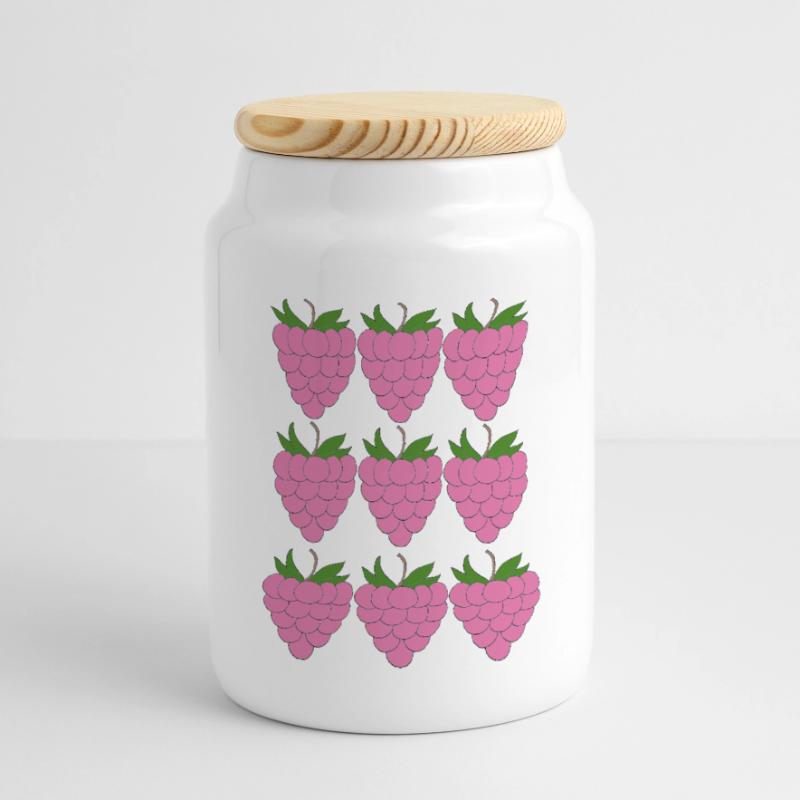 Raspberry Grid Pattern Panoramic Cookie Jar with Wooden Lid