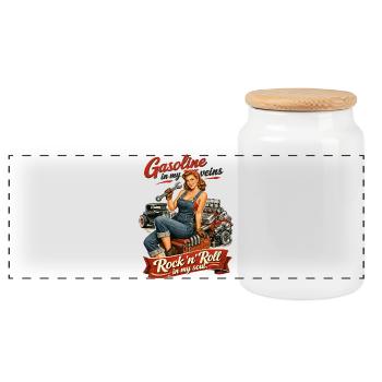 Retro Pin-up Hot Rod: Gasoline & Rock n Roll Soul - Panoramic Cookie Jar with Wooden Lid - white - Front
