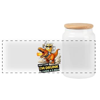 Drunk T-Rex Rider Cartoon - Panoramic Cookie Jar with Wooden Lid - white - Front