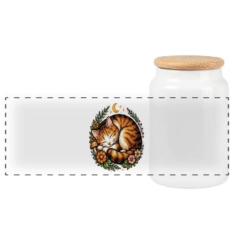 Traumkatze mit einem nachtaktiven Blumenherz - Panorama Keksdose mit Holzdeckel - Weiß - Vorne