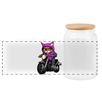 Katzen Motorradfahrer / Motorrad Katze - Panorama Keksdose mit Holzdeckel - Weiß - Vorne