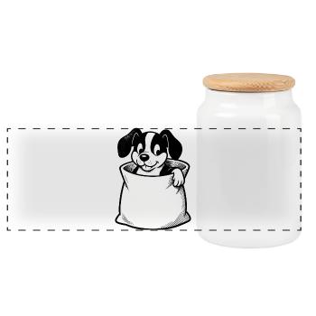 Dog in bag cartoon - Panoramic Cookie Jar with Wooden Lid - white - Front