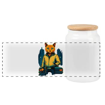 Neon Katze Stadt Style – Cooles Cat Design - Panorama Keksdose mit Holzdeckel - Weiß - Vorne