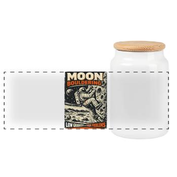 Moon Bouldering: Vintage Astronaut Climbing Design - Panoramic Cookie Jar with Wooden Lid - white - Front