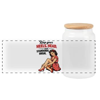 Pin-up Girl Rétro : Garde tes talons et tes standards au top - Boîte à biscuits avec couvercle en bois - blanc - Devant