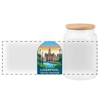 Liverpool Skyline UK Waterfront Illustration - Panoramic Cookie Jar with Wooden Lid - white - Front