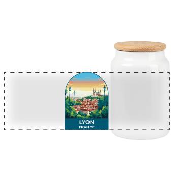 Lyon France City Skyline Vintage Travel Poster - Panoramic Cookie Jar with Wooden Lid - white - Front