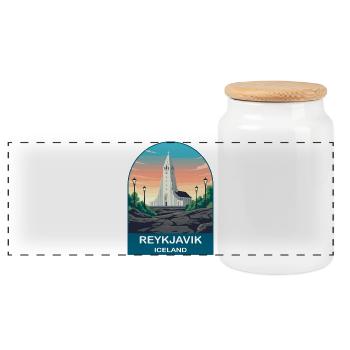 Reykjavik Iceland Vintage Travel Poster - Panoramic Cookie Jar with Wooden Lid - white - Front