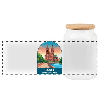Basel Switzerland Vintage Travel Poster Art - Panoramic Cookie Jar with Wooden Lid - white - Front