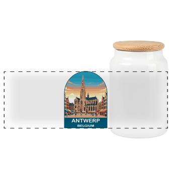 Antwerp Belgium Vintage Travel Poster Art - Panoramic Cookie Jar with Wooden Lid - white - Front
