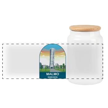 Malmo Sweden Vintage Travel Poster Art - Panoramic Cookie Jar with Wooden Lid - white - Front