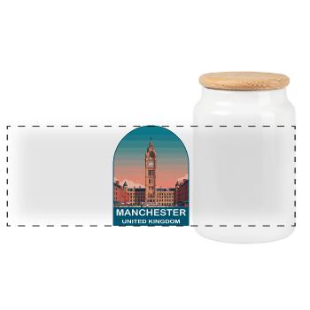 Manchester UK Vintage Travel Poster - Panoramic Cookie Jar with Wooden Lid - white - Front