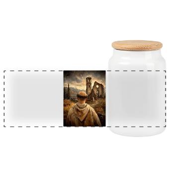 Monk in front of ruins at sunset - Panoramic Cookie Jar with Wooden Lid - white - Front