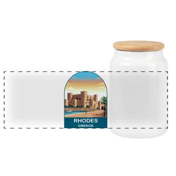 Rhodes Greece Vintage Travel Poster Art - Panoramic Cookie Jar with Wooden Lid - white - Front