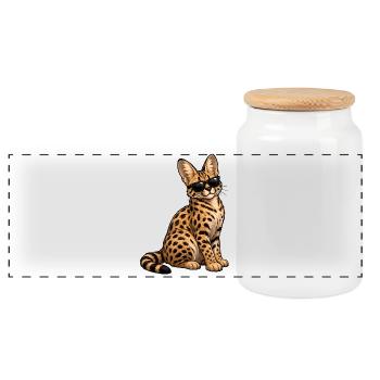 Savannah Cat - Panoramic Cookie Jar with Wooden Lid - white - Front